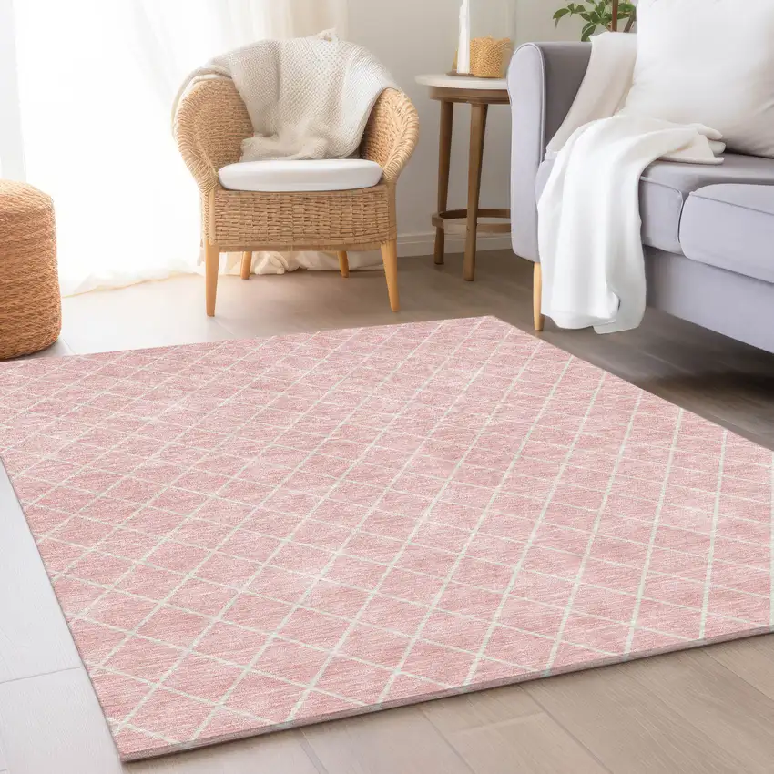 Pink And Ivory Geometric Washable Area Rug With UV Protection Photo 4