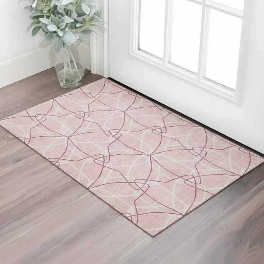 Pink And Ivory Geometric Washable Area Rug With UV Protection Photo 2