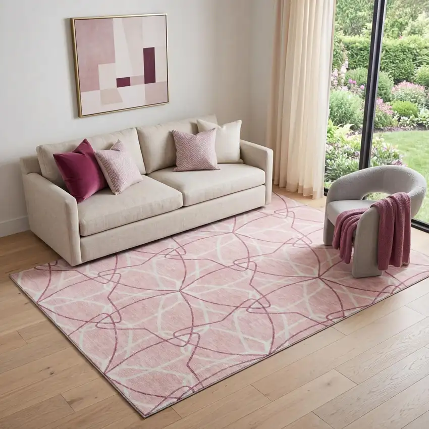 Pink And Ivory Geometric Washable Area Rug With UV Protection Photo 1