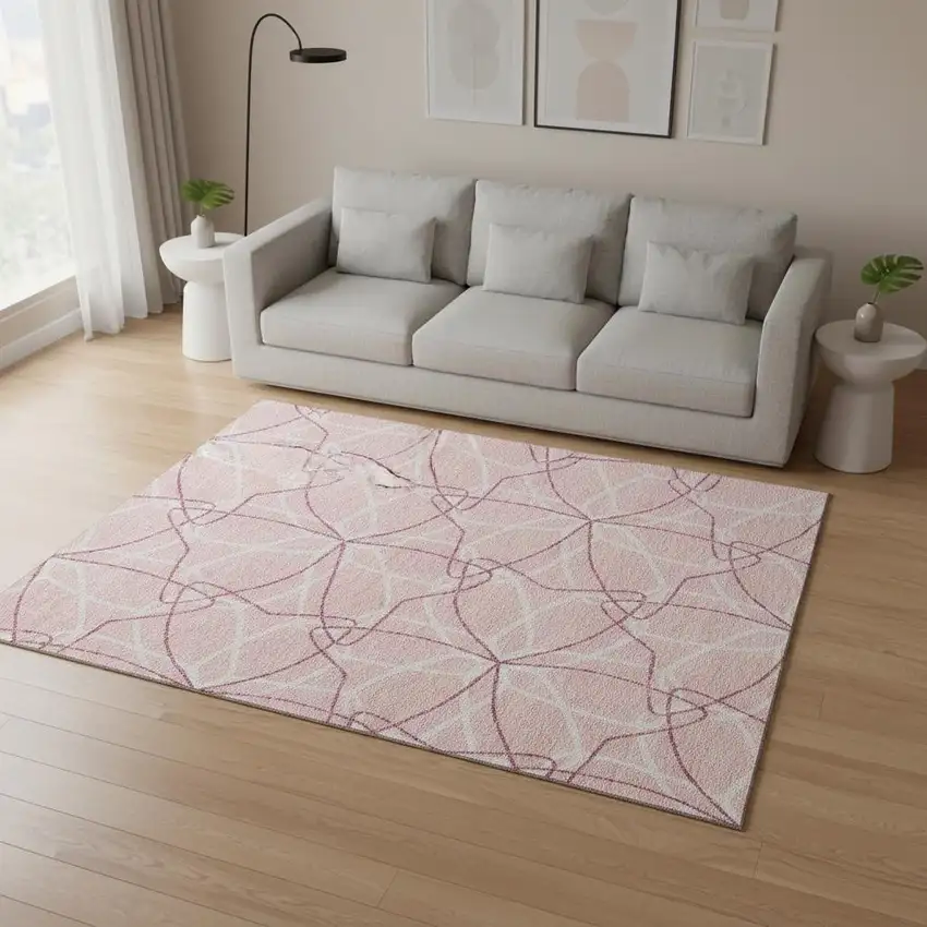 Pink And Ivory Geometric Washable Area Rug With UV Protection Photo 2