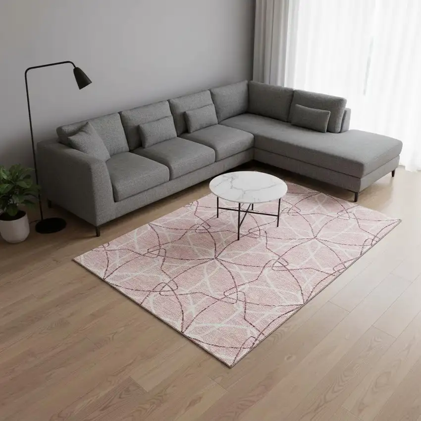 Pink And Ivory Geometric Washable Area Rug With UV Protection Photo 2