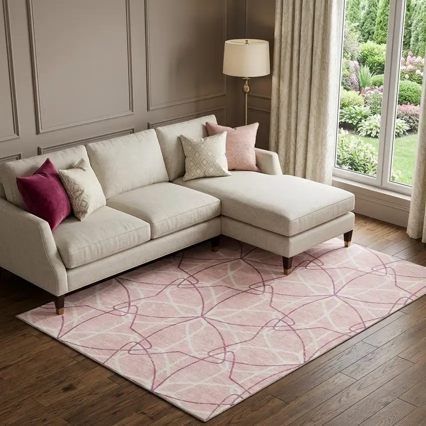 Pink And Ivory Geometric Washable Area Rug With UV Protection Photo 1