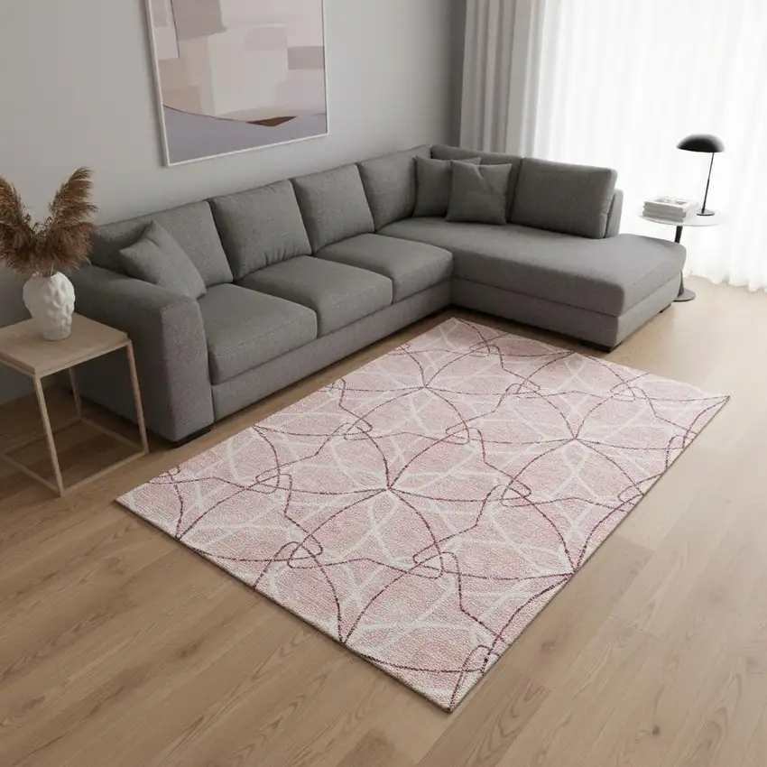 Pink And Ivory Geometric Washable Area Rug With UV Protection Photo 2