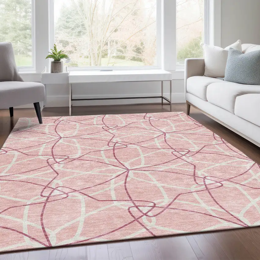 Pink And Ivory Geometric Washable Area Rug With UV Protection Photo 5