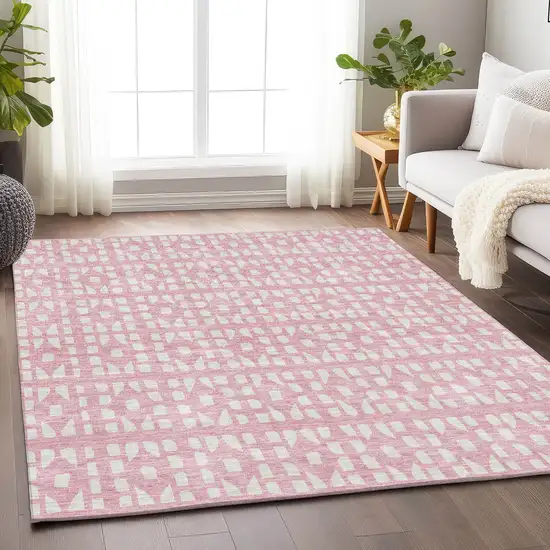 Pink And Ivory Geometric Washable Area Rug With UV Protection Photo 4