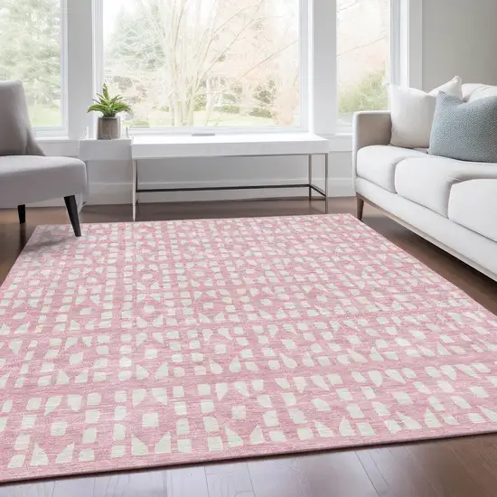 Pink And Ivory Geometric Washable Area Rug With UV Protection Photo 5