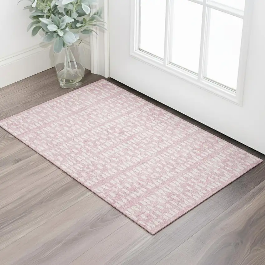 Pink And Ivory Geometric Washable Area Rug With UV Protection Photo 2