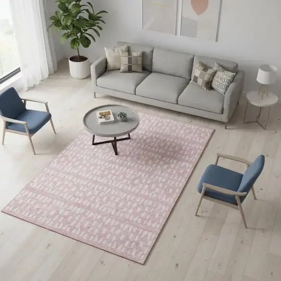 Pink And Ivory Geometric Washable Area Rug With UV Protection Photo 2