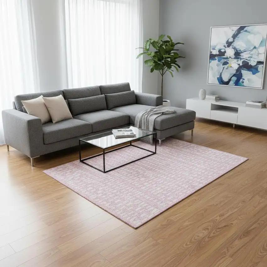 Pink And Ivory Geometric Washable Area Rug With UV Protection Photo 2