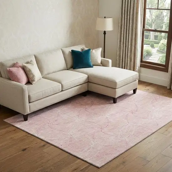 Pink And Ivory Geometric Washable Area Rug With UV Protection Photo 1