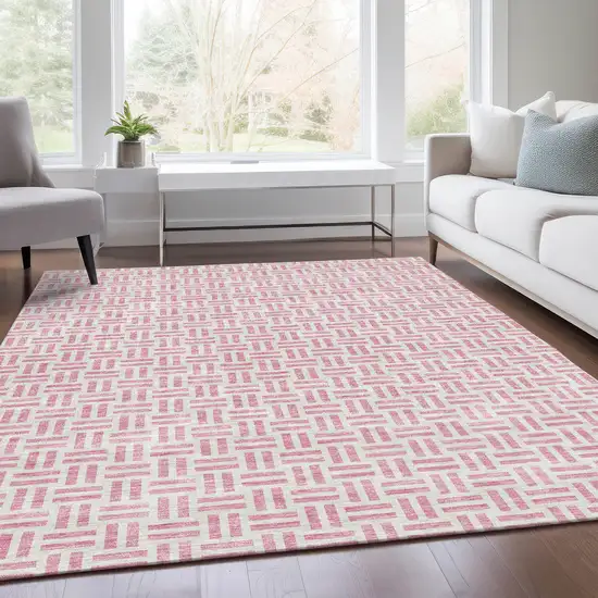 Pink And Ivory Geometric Washable Area Rug With UV Protection Photo 5