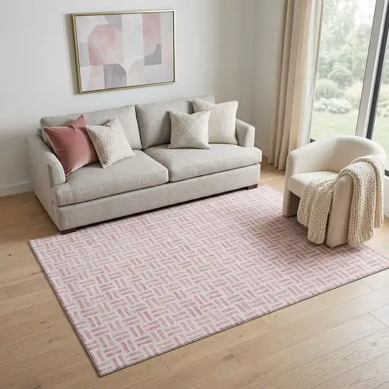 Pink And Ivory Geometric Washable Area Rug With UV Protection Photo 1