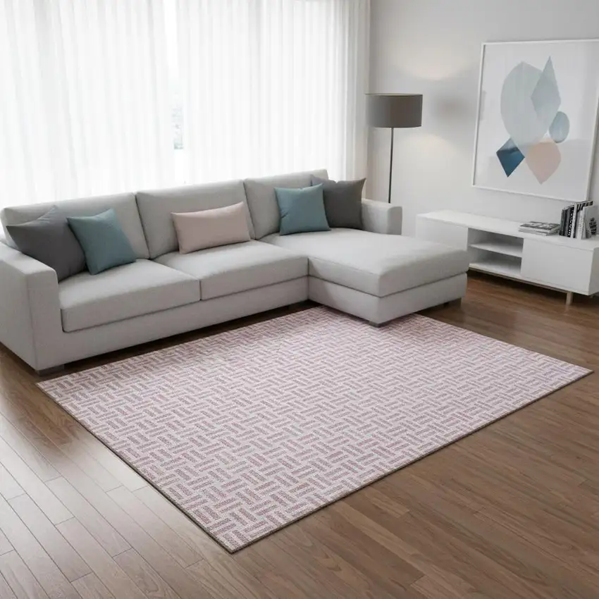 Pink And Ivory Geometric Washable Area Rug With UV Protection Photo 2