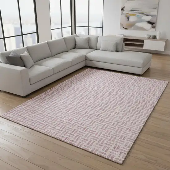 Pink And Ivory Geometric Washable Area Rug With UV Protection Photo 2