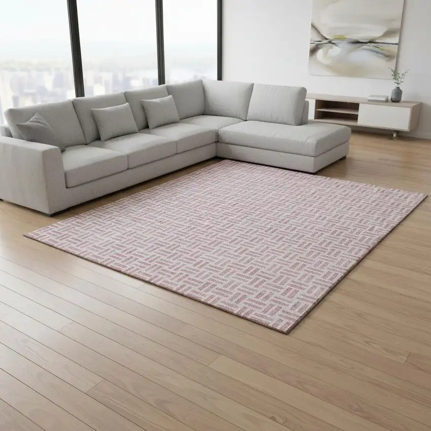 Pink And Ivory Geometric Washable Area Rug With UV Protection Photo 2
