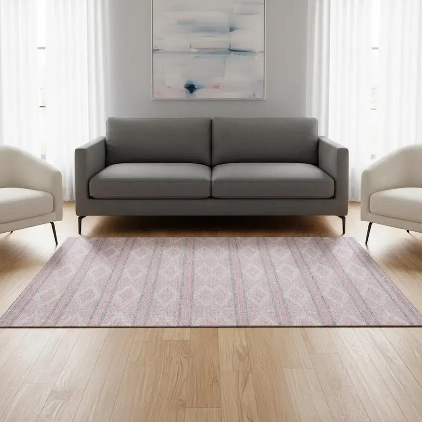 Pink And Ivory Geometric Washable Area Rug With UV Protection Photo 2