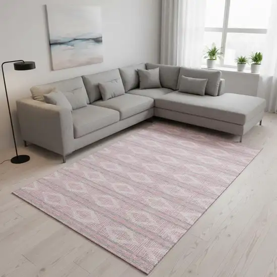 Pink And Ivory Geometric Washable Area Rug With UV Protection Photo 2