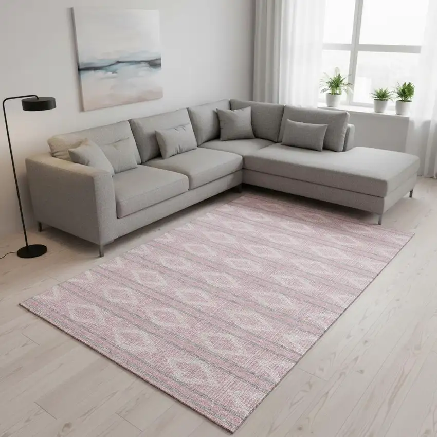 Pink And Ivory Geometric Washable Area Rug With UV Protection Photo 2