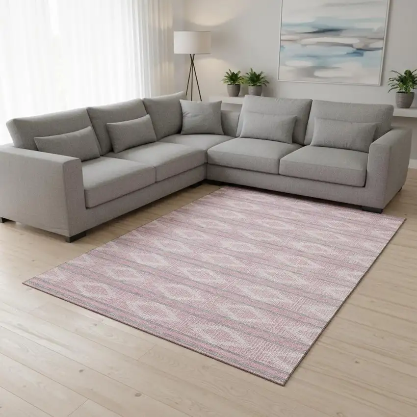 Pink And Ivory Geometric Washable Area Rug With UV Protection Photo 2
