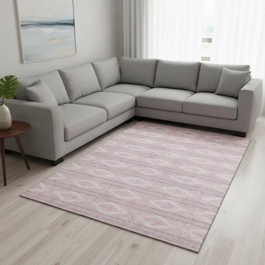 Pink And Ivory Geometric Washable Area Rug With UV Protection Photo 2