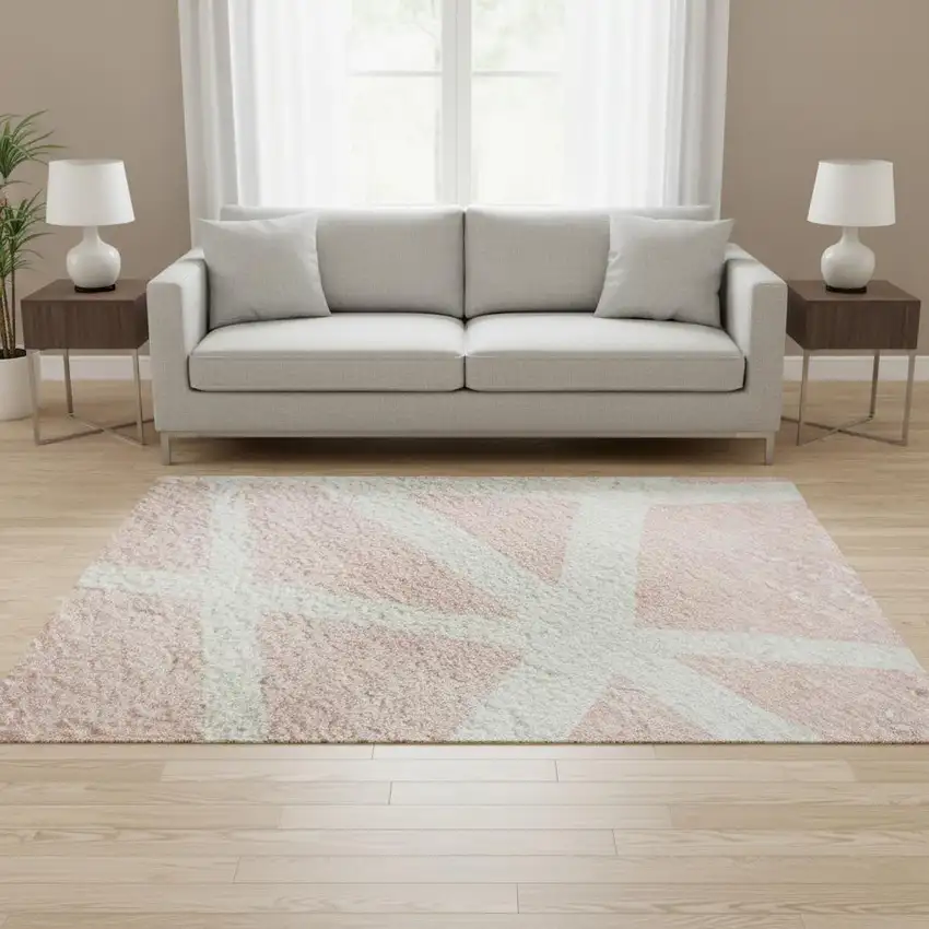 Pink And Ivory Geometric Washable Area Rug With UV Protection Photo 2