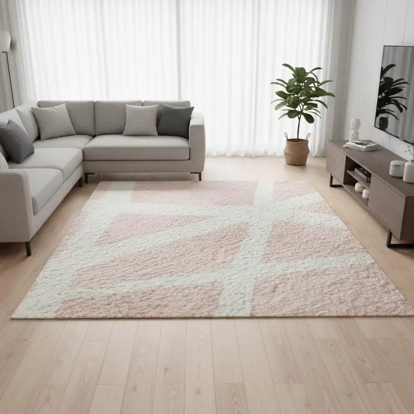 Pink And Ivory Geometric Washable Area Rug With UV Protection Photo 2