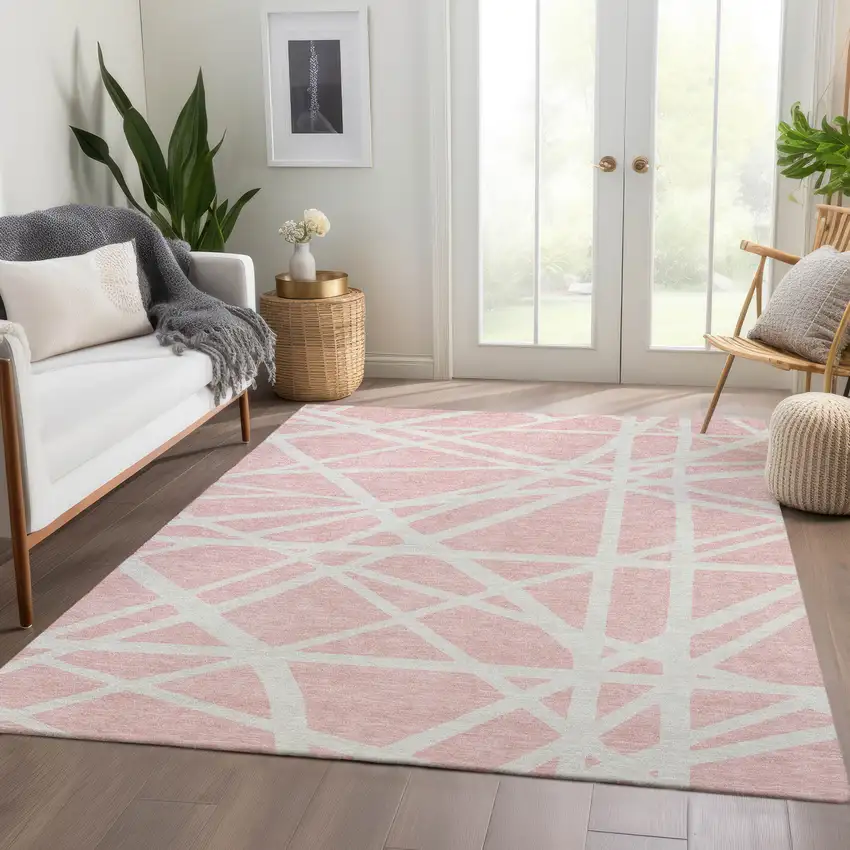 Pink And Ivory Geometric Washable Area Rug With UV Protection Photo 4