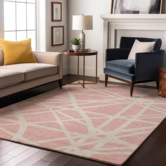Pink And Ivory Geometric Washable Area Rug With UV Protection Photo 3