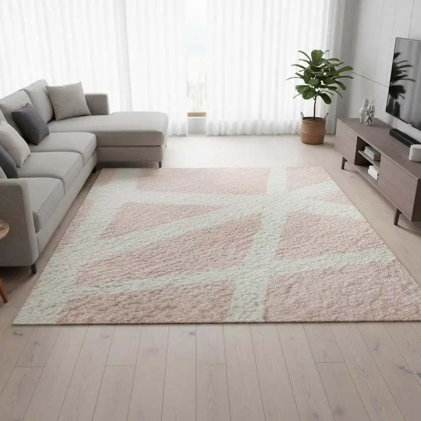 Pink And Ivory Geometric Washable Area Rug With UV Protection Photo 2