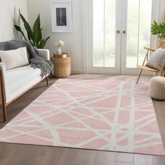 Pink And Ivory Geometric Washable Area Rug With UV Protection Photo 3