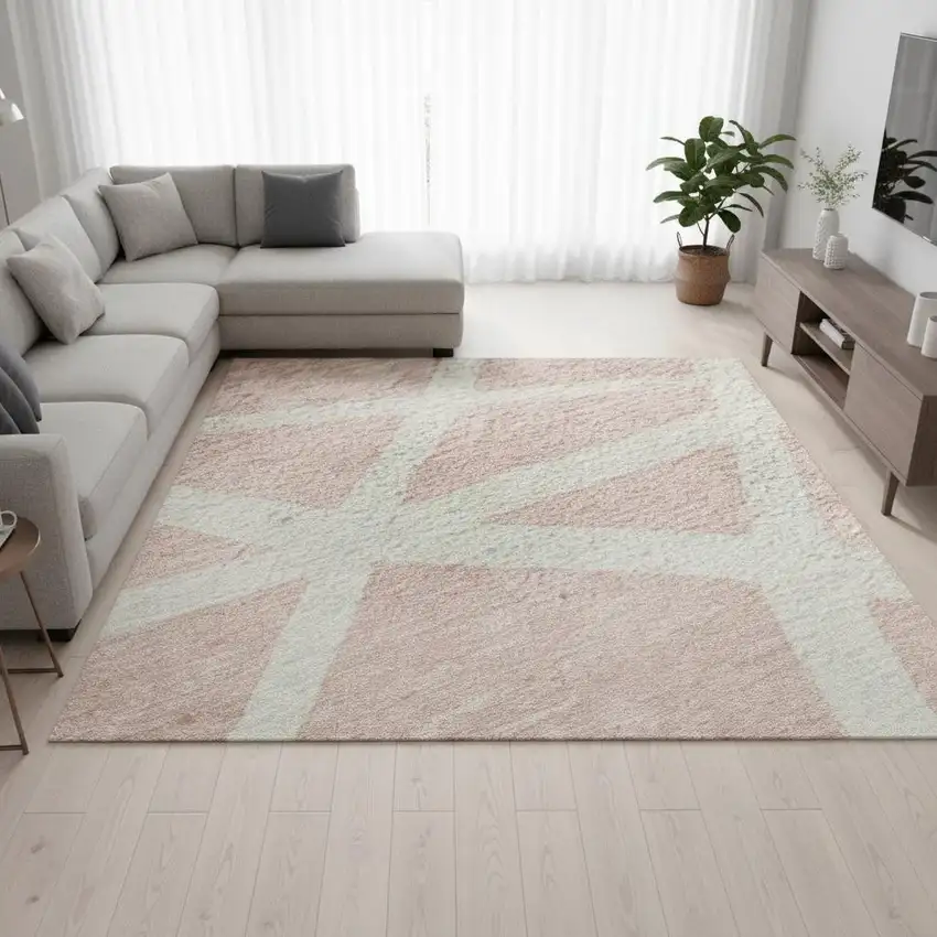 Pink And Ivory Geometric Washable Area Rug With UV Protection Photo 2