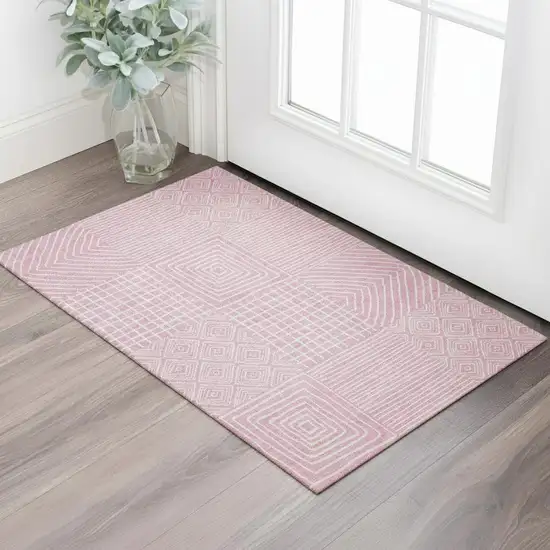 Pink And Ivory Geometric Washable Area Rug With UV Protection Photo 2