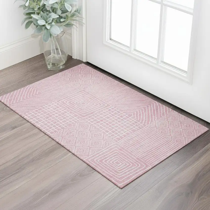 Pink And Ivory Geometric Washable Area Rug With UV Protection Photo 2