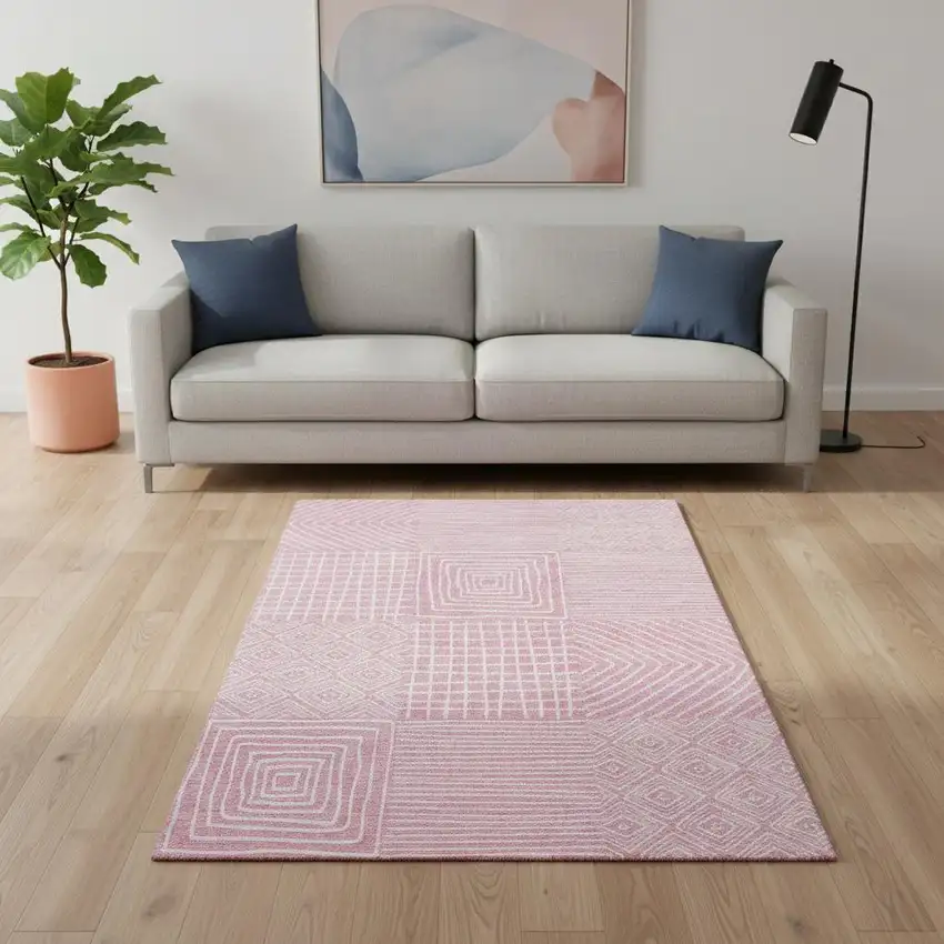 Pink And Ivory Geometric Washable Area Rug With UV Protection Photo 2