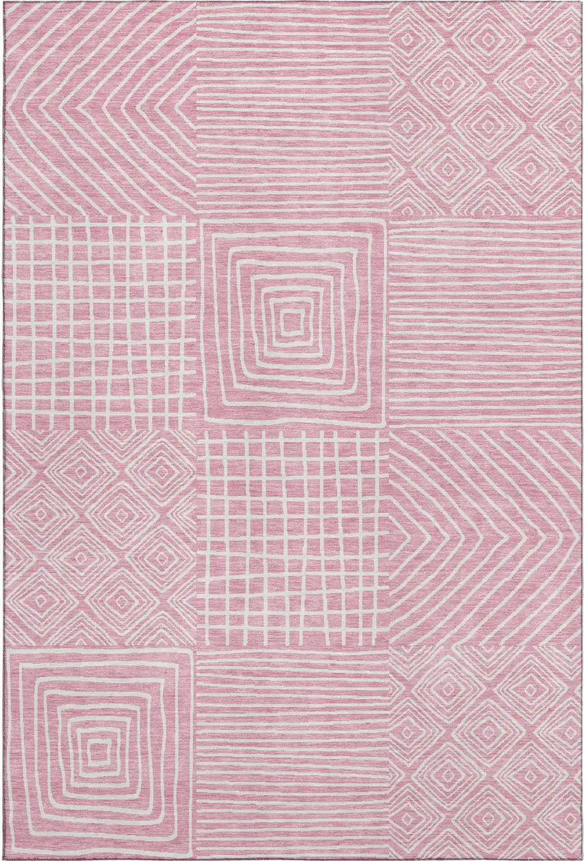 Pink And Ivory Geometric Washable Area Rug With UV Protection Photo 1