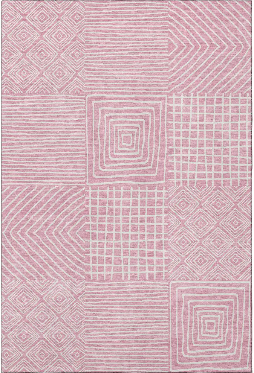 Pink And Ivory Geometric Washable Area Rug With UV Protection Photo 3