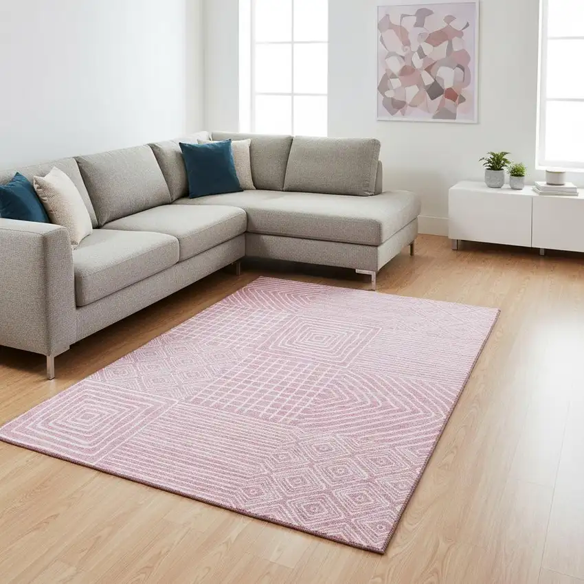 Pink And Ivory Geometric Washable Area Rug With UV Protection Photo 2