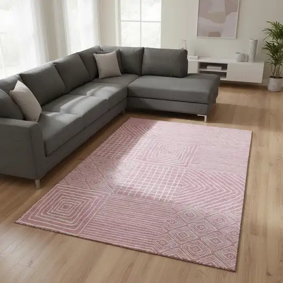 Pink And Ivory Geometric Washable Area Rug With UV Protection Photo 2