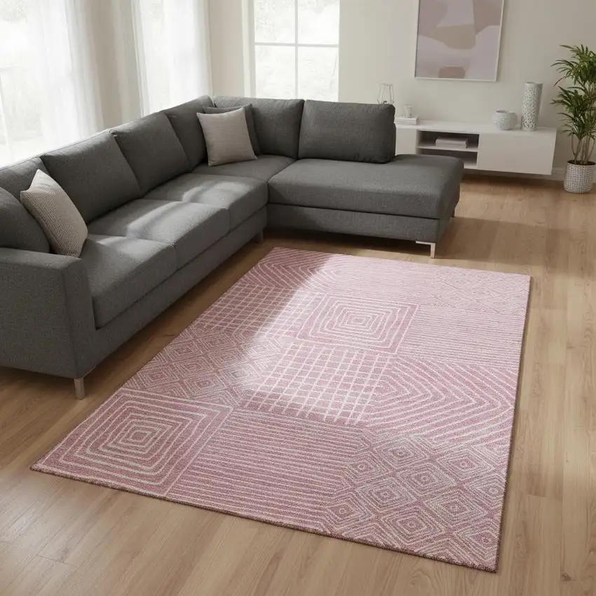 Pink And Ivory Geometric Washable Area Rug With UV Protection Photo 2