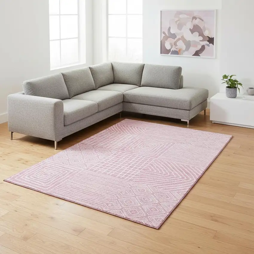 Pink And Ivory Geometric Washable Area Rug With UV Protection Photo 2