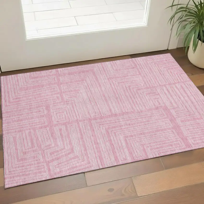 Pink And Ivory Geometric Washable Area Rug With UV Protection Photo 1