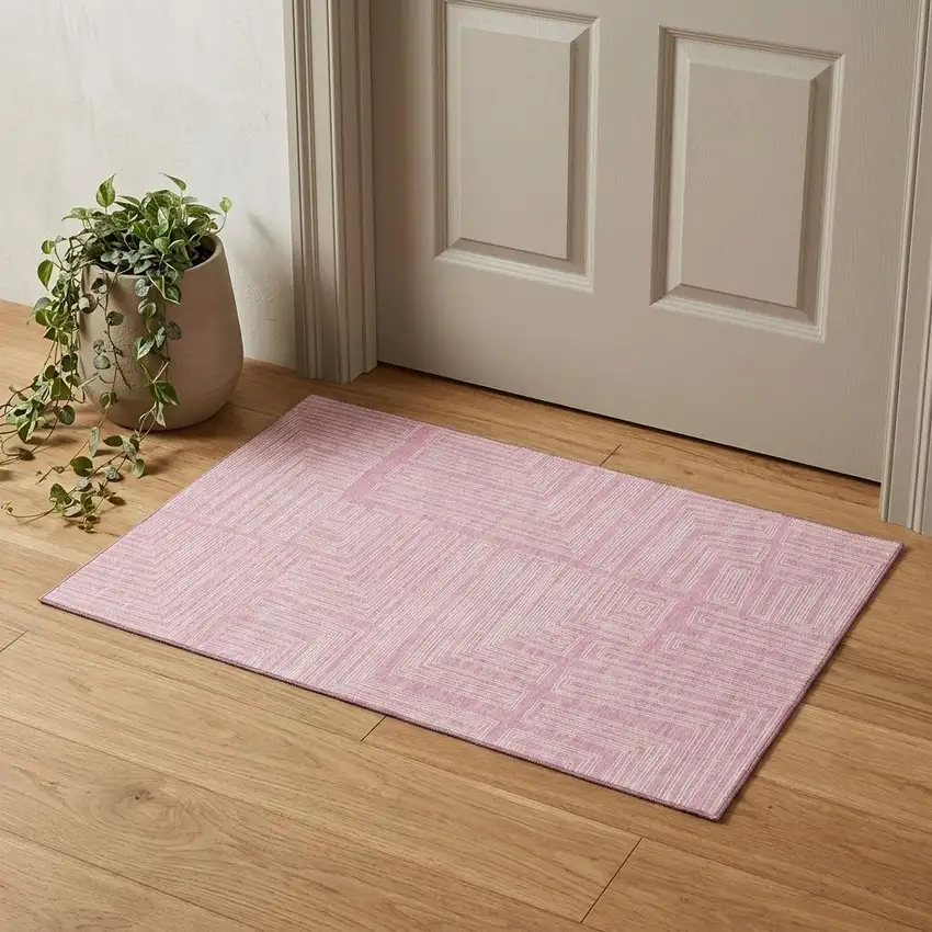 Pink And Ivory Geometric Washable Area Rug With UV Protection Photo 1