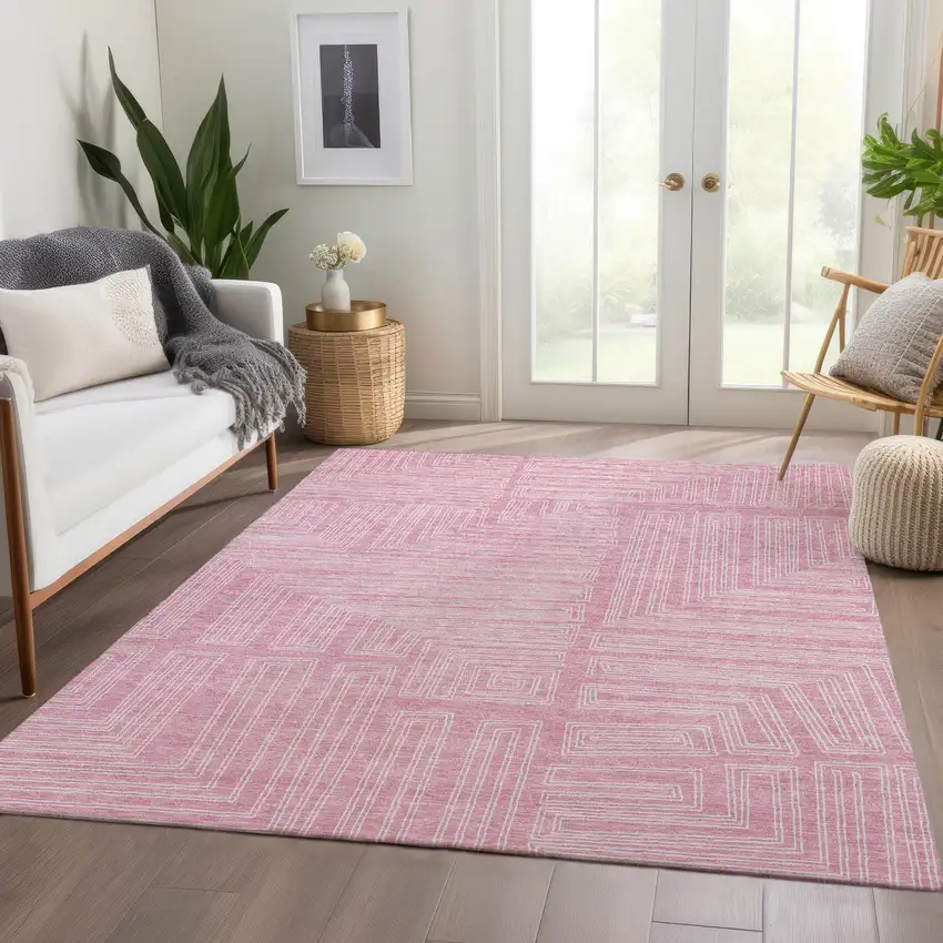 Pink And Ivory Geometric Washable Area Rug With UV Protection Photo 1