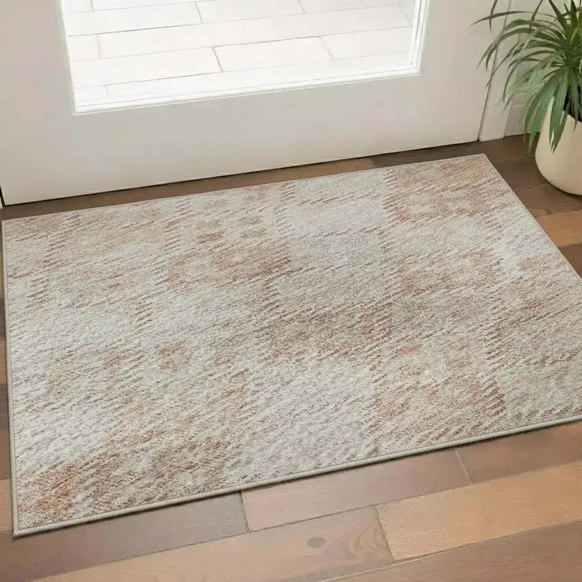 Pink And Ivory Geometric Washable Area Rug With UV Protection Photo 2