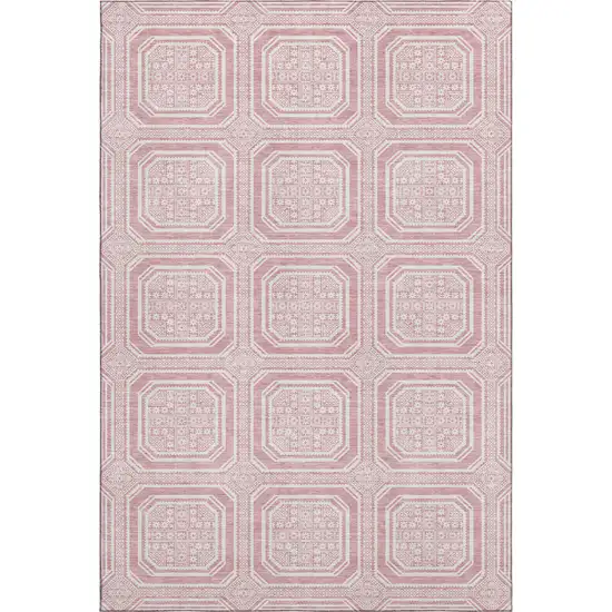 Pink And Ivory Geometric Washable Area Rug With UV Protection Photo 1