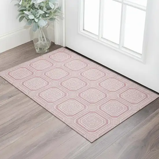 Pink And Ivory Geometric Washable Area Rug With UV Protection Photo 2