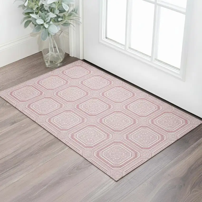 Pink And Ivory Geometric Washable Area Rug With UV Protection Photo 2