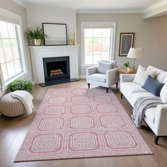 Pink And Ivory Geometric Washable Area Rug With UV Protection Photo 4