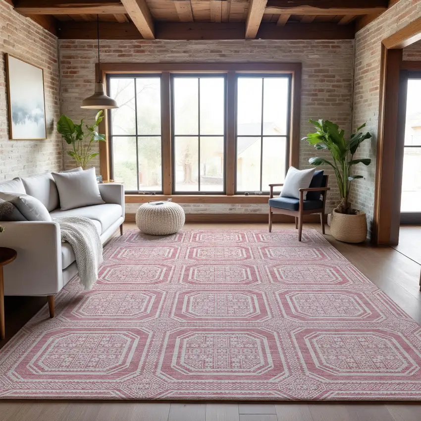 Pink And Ivory Geometric Washable Area Rug With UV Protection Photo 5