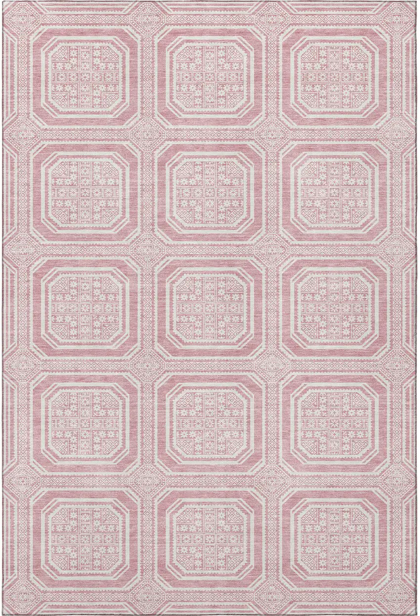 Pink And Ivory Geometric Washable Area Rug With UV Protection Photo 2